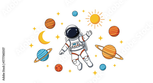 A cheerful cartoon astronaut floats among colorful planets, stars, the moon, and the sun in a vibrant illustration of the solar system.