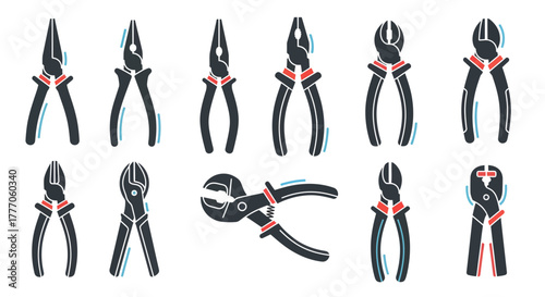 A vector icon set of various pliers, hand tools, and gripping devices on a white background