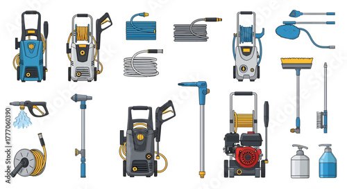 Collection of precision measuring and cleaning equipment icons on a white background