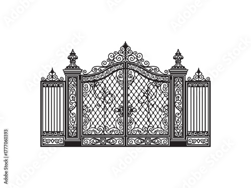 Illustration of ornate wrought iron gate, showcasing intricate metalwork and decorative design elements in black and white