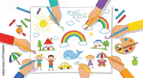 Diverse hands, both young and old, collaborate to fill a large paper with vibrant and imaginative children's drawings, celebrating shared creativity.
