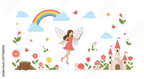 A whimsical outdoor fairytale scene with a flying fairy, a colorful rainbow, a fantasy castle, and cheerful flowers and butterflies.
