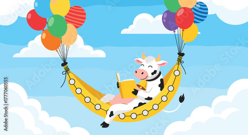 An adorable cartoon cow relaxes and reads a book in a banana hammock, whimsically floating through a bright blue sky with colorful balloons.