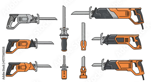 Vector icon set of rivet guns and rivets on white background illustrating metalwork tools