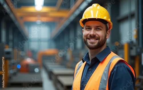 Portrait Caucasian professional Engineer factory. Engineering worker in safety hardhat at factory industrial facilities. Heavy Industry Manufacturing Factory. High quality