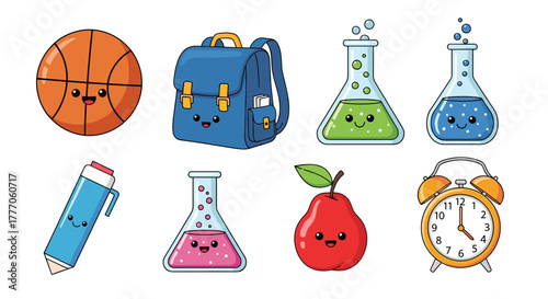 Cute cartoon collection of school supplies, science equipment, and everyday objects with happy smiling faces.