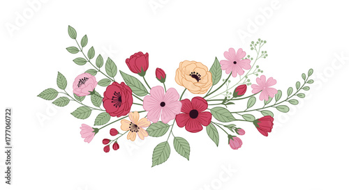A charming hand-drawn illustration featuring a delicate, colorful arc of spring and summer flowers and foliage, perfect for decorative designs.
