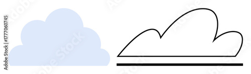 Two cloud designs include solid light blue and clean black outline version with a base line. Ideal for weather, data storage, simplicity, environment, duality, creative design, simple flat metaphor