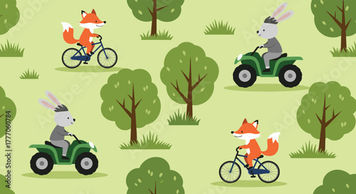 Seamless pattern of cute cartoon foxes on bicycles and rabbits on ATVs enjoying outdoor activities in a vibrant green park setting.