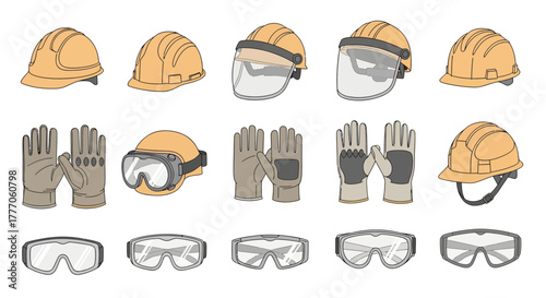 Collection of safety helmets, gloves, and goggles icons displayed on a white background in a vector format.