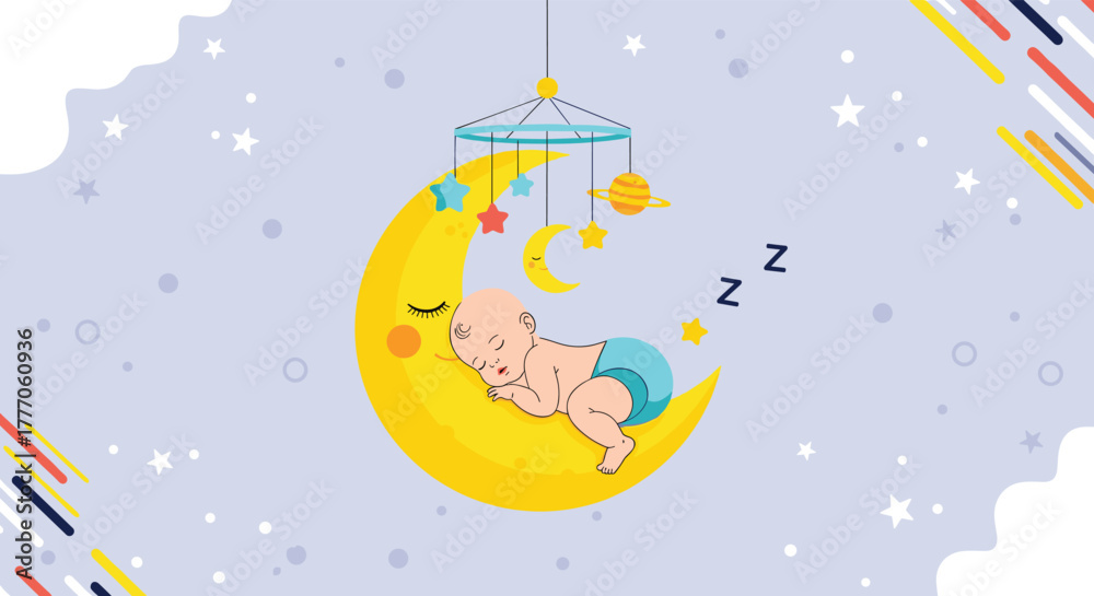 Fototapeta premium Sweet baby boy asleep on a whimsical moon, surrounded by stars, with a colorful crib mobile overhead.
