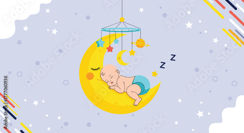 Sweet baby boy asleep on a whimsical moon, surrounded by stars, with a colorful crib mobile overhead.