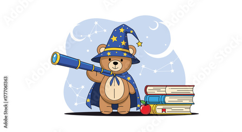 An adorable wizard bear gazes through a telescope, surrounded by books and an apple, amidst a whimsical starlit background.