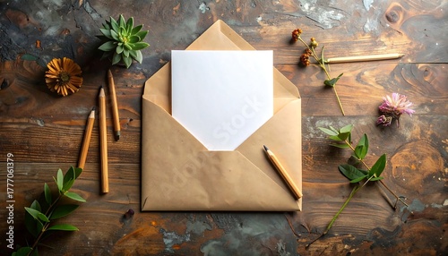 Composition featuring an open envelope, card, greenery, and writing implements