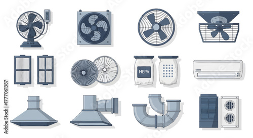 Vector icons of various ventilation systems and air conditioning units on a white background