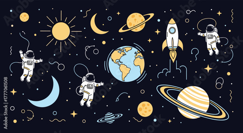 Whimsical pixel art illustration of astronauts exploring outer space alongside planets, stars, sun, and a launching rocket.