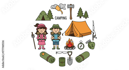 An illustrative collection of charming camping essentials and happy campers for outdoor adventure activities.