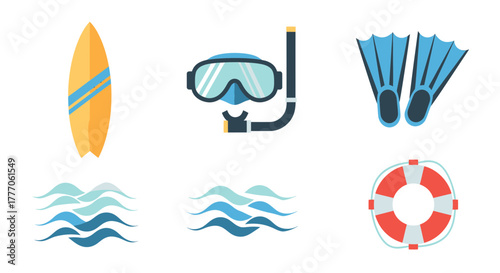 Flat vector icon set for water sports and beach. Features surfboard, snorkel, fins, waves, and a lifebuoy. Perfect for summer, vacation, and aquatic themed designs