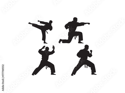 Illustration of four karate fighters in different poses martial art, combat sport, selfdefense, and fitness concept