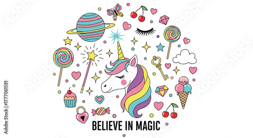 Colorful vector illustration of a magical unicorn head surrounded by whimsical fantasy and sweet-themed elements, promoting belief in magic.