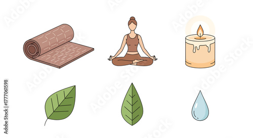 Yoga and wellness icons displayed on a white background with a yoga mat, lotus pose, candle, leaves, and water droplet