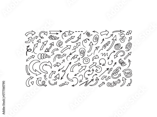 Illustration of collection of hand drawn arrows, a diverse set of directional indicators for various design needs