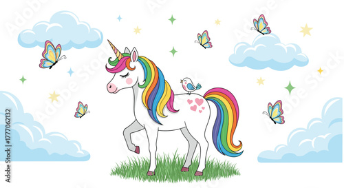 A magical white unicorn with a vibrant rainbow mane and tail stands on green grass, accompanied by a little bird, clouds, butterflies, and stars.