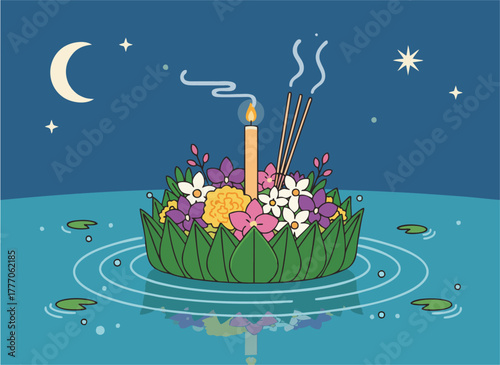 Serene night illustration featuring a traditional floral float with a glowing candle and incense sticks, gently drifting on calm water under a crescent moon and stars, embodying cultural celebration
