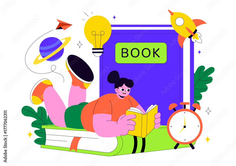 Fototapeta premium Book Week Events Vector Illustration with People Reading and Students Studying Textbooks for Literacy in a Flat Style Cartoon Background