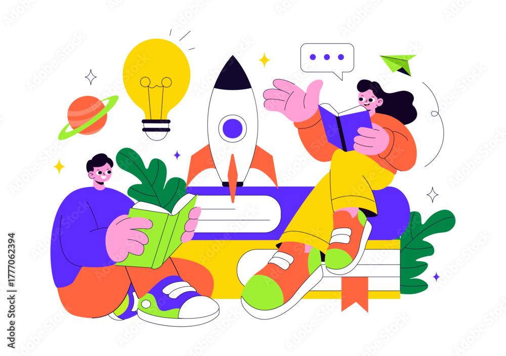 Obraz premium Book Week Events Vector Illustration with People Reading and Students Studying Textbooks for Literacy in a Flat Style Cartoon Background