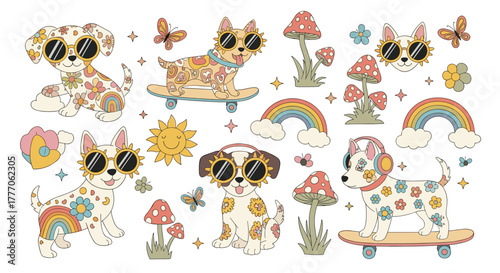 Cute retro dogs wearing sunglasses and headphones in a groovy seamless pattern with flowers, rainbows, and mushrooms.