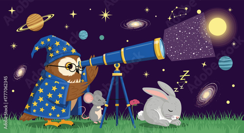 A wise owl wizard and a curious mouse explore the night sky with a telescope, while a rabbit dreams peacefully under the stars.