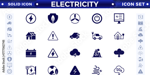 Electricity solid icon set with electromagnetic radiation, charger flow, lightning strike, static, induction, electric current, and electromagnetic radiation.