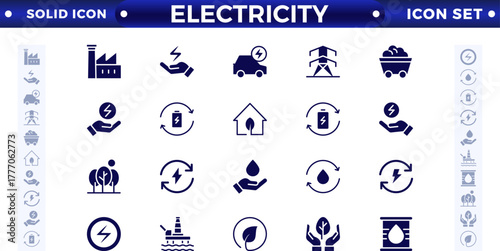 Electricity solid icon set with electromagnetic radiation, charger flow, lightning strike, static, induction, electric current, and electromagnetic radiation.