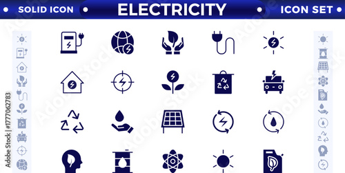 Electricity solid icon set with electromagnetic radiation, charger flow, lightning strike, static, induction, electric current, and electromagnetic radiation.