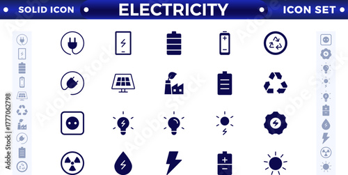 Electricity solid icon set with electromagnetic radiation, charger flow, lightning strike, static, induction, electric current, and electromagnetic radiation.