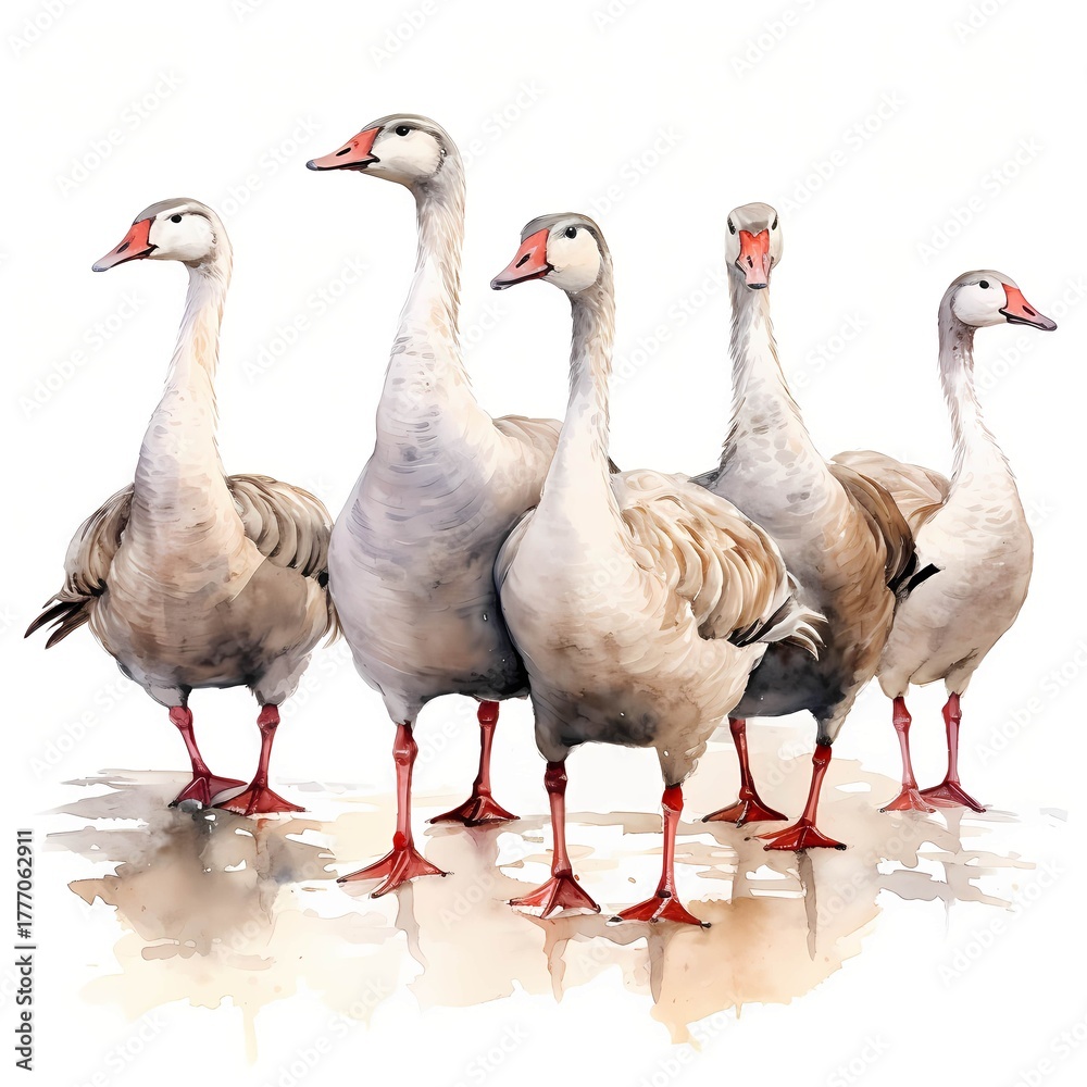 Obraz premium Five graceful geese standing together in a watercolor illustration