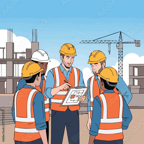 A construction team reviews blueprints on-site, discussing project details with a crane and building in the background, ensuring progress.