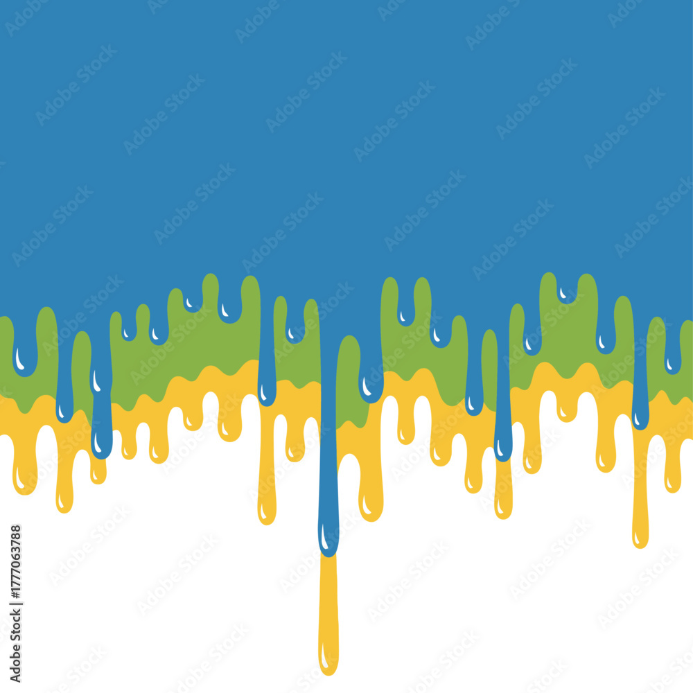 Blue, green, and yellow paint dripping down on a white background isolated on white background