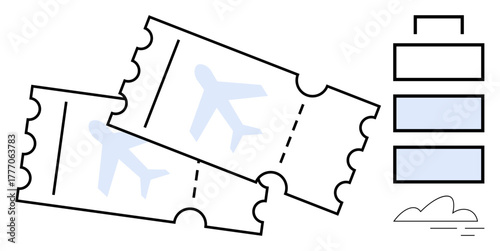 Two flight tickets with airplane icon, stacked luggage, and cloud. Ideal for travel, tourism, booking, vacation, flight logistics or planning representation. Simple flat metaphor