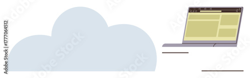 Cloud shape next to a laptop with displayed content, representing cloud storage and internet services. Ideal for technology, cloud computing, online access, data storage, communication, workflow
