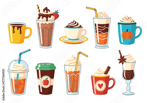 Assorted colorful drinks and coffee cups illustration set