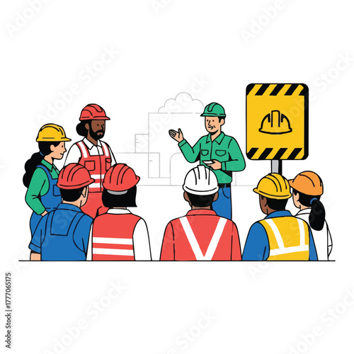 A construction foreman giving a safety briefing to a group of construction workers, emphasizing safety protocols and guidelines.