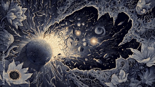 Cosmic Bloom: Intricate Engraving of Celestial Explosion, Floral Frame, Dark Fantasy Art