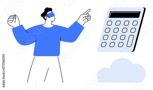 Person wearing VR headset interacts with digital calculator and cloud. Ideal for technology, innovation, virtual reality, fintech, cloud computing, future learning, simple flat metaphor