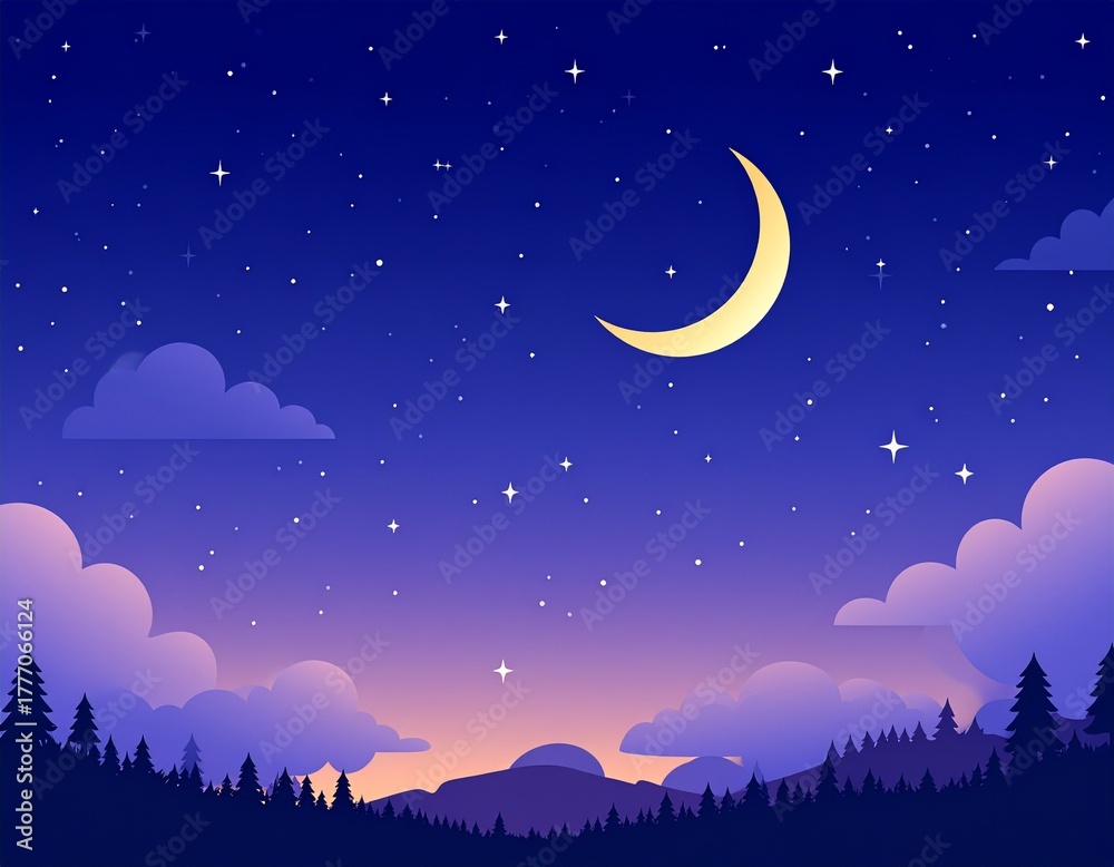 Naklejka premium Night sky background. Starry dark gradient space. Crescent moon and clouds dreamy sce