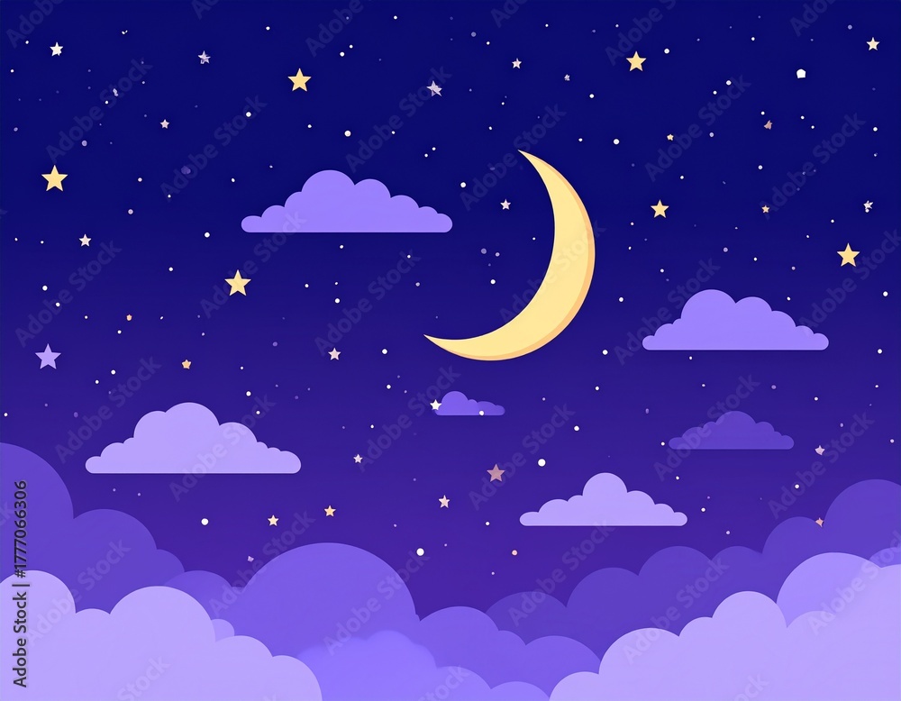Fototapeta premium Night sky background. Starry dark gradient space. Crescent moon and clouds dreamy sce