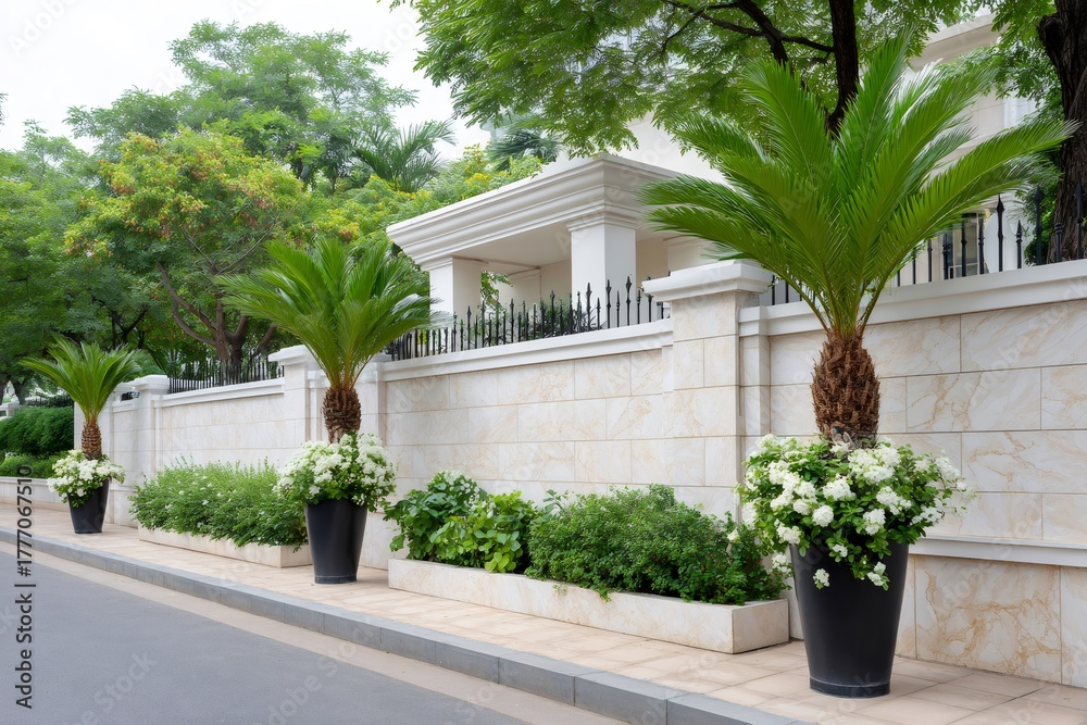 Fototapeta premium Sago palms growing in planters along stone wall