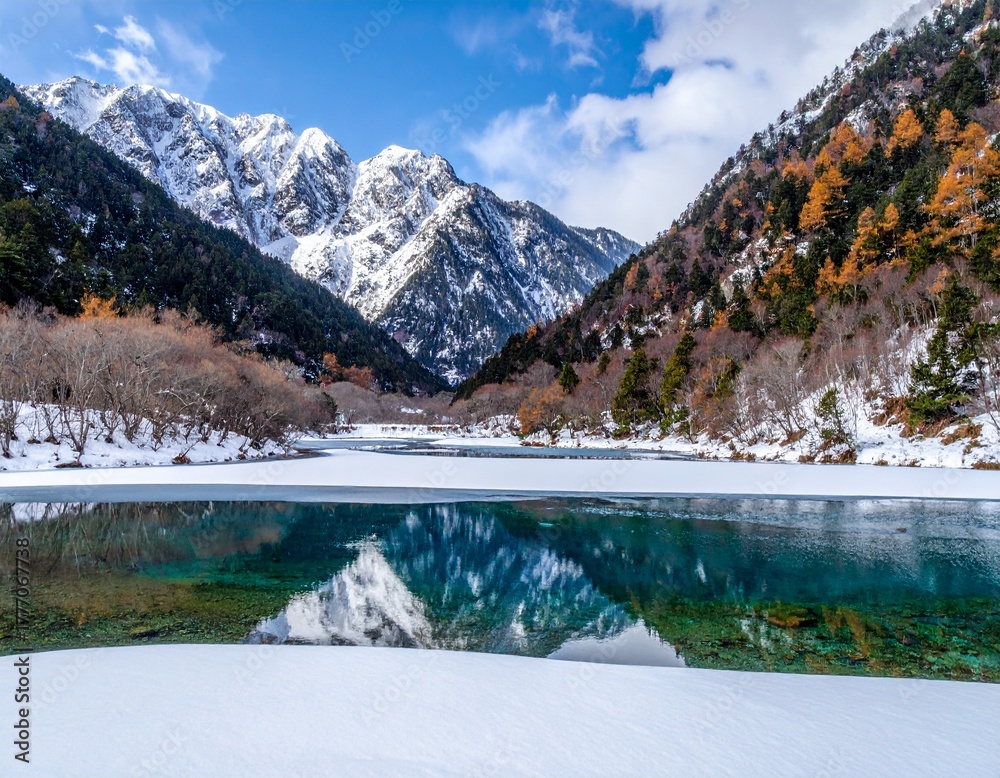 Obraz premium Bipenggou national park with the Beautiful snow mountains in autumn, Chengdu ,Sichua