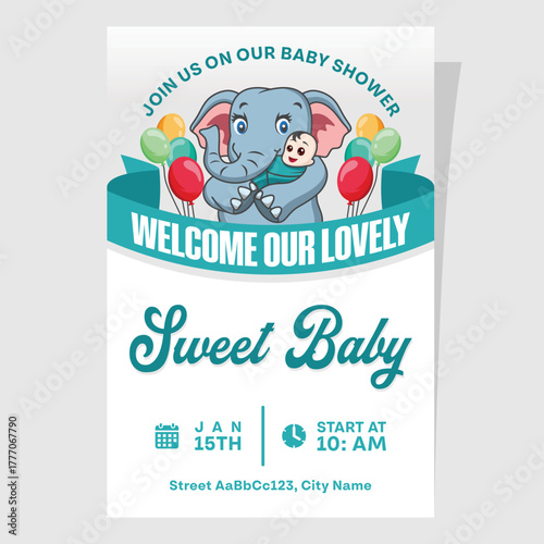A cute baby shower invitation featuring an elephant carrying a human baby, perfect for welcoming a sweet baby
